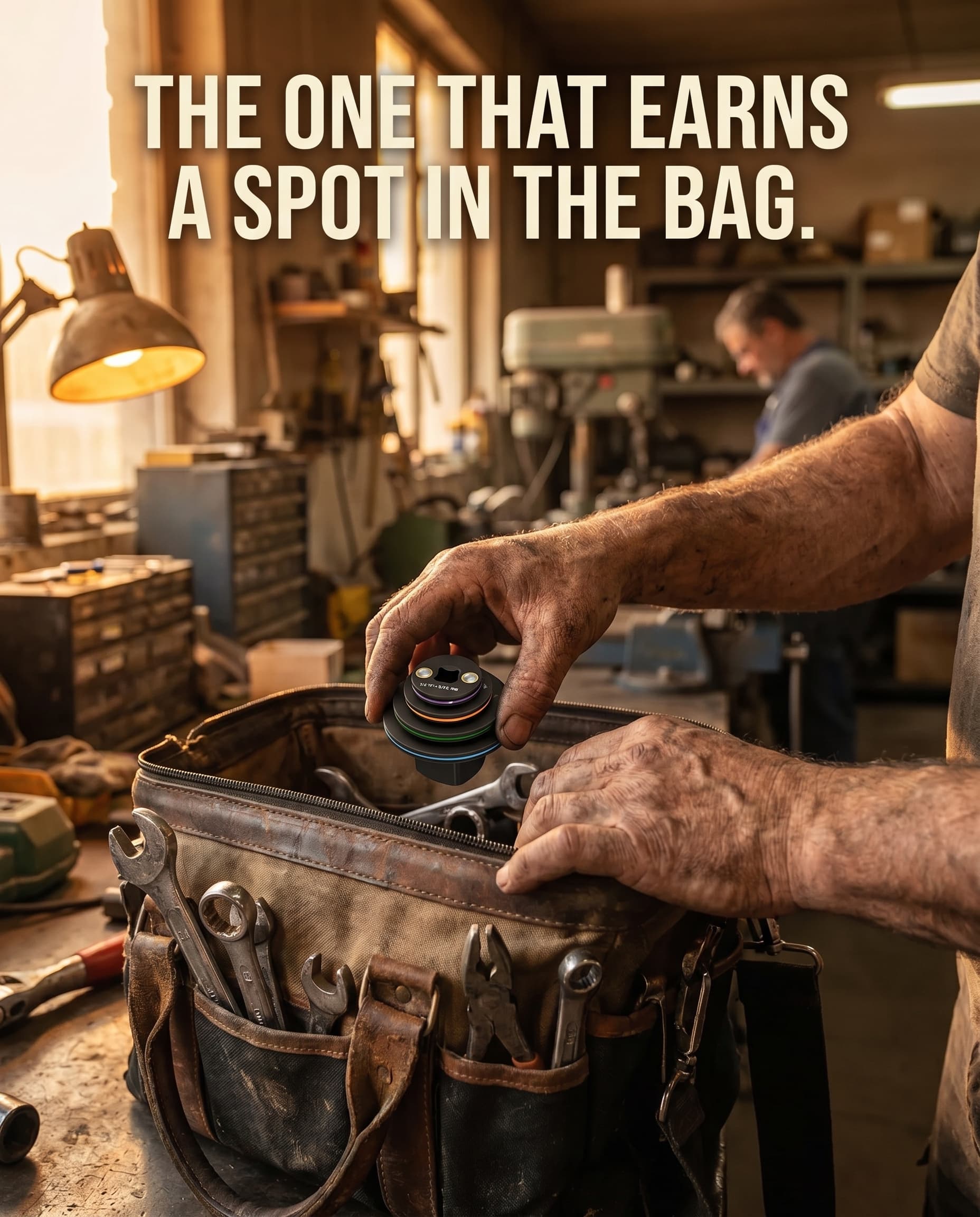 The Aurisle set going into a worn tool bag