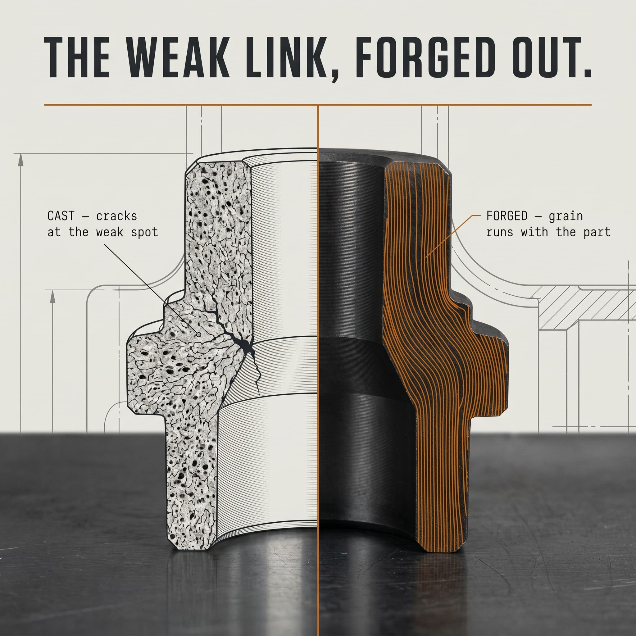 Forged grain flow versus cracked cast cross-section