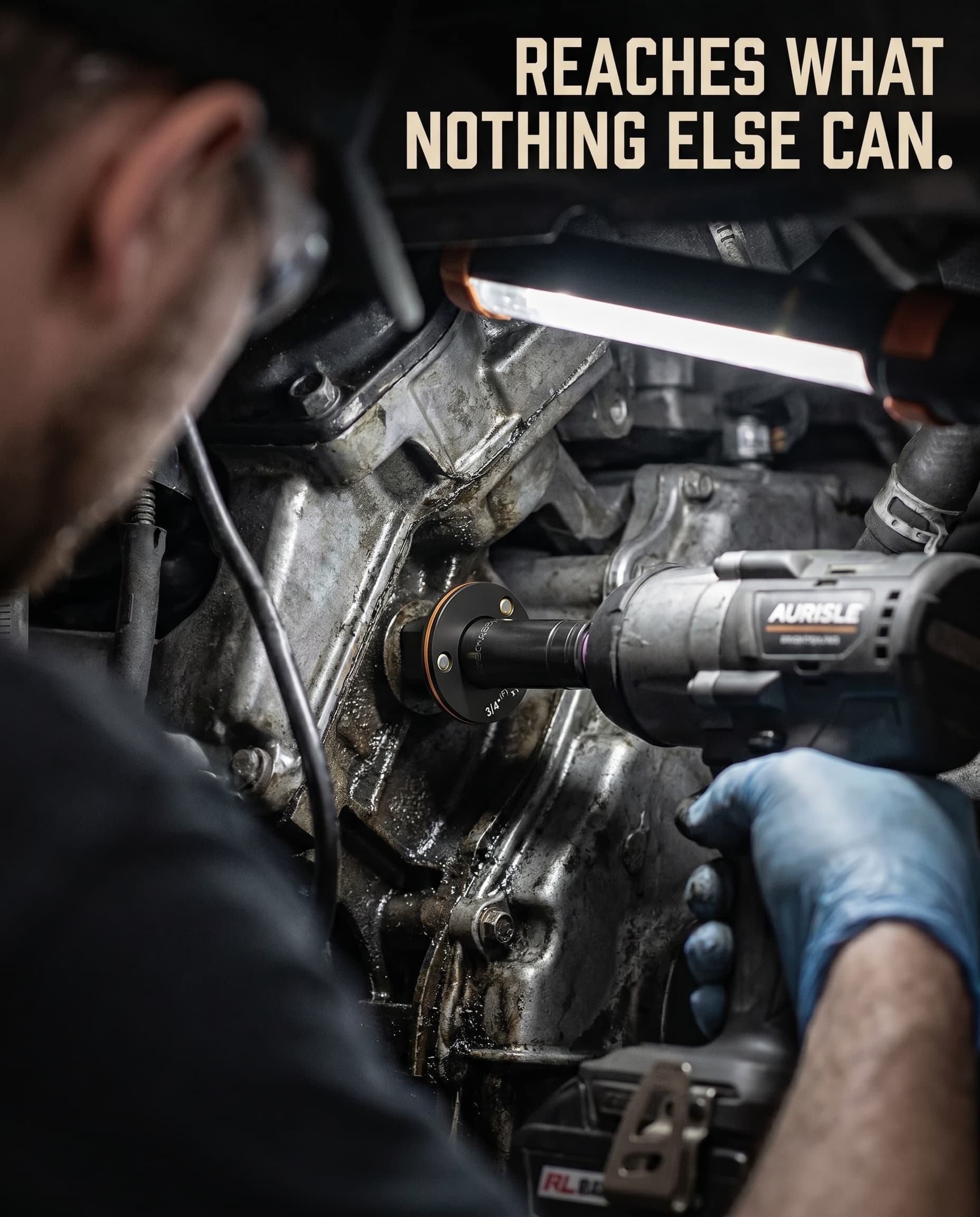 Aurisle adapter reaching a buried bolt in a tight engine bay